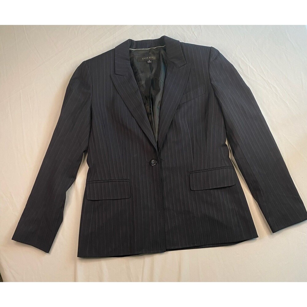 Anne Klein Suit Pinstripe Womens Suit Jacket Black Striped Size 8 Button EUC